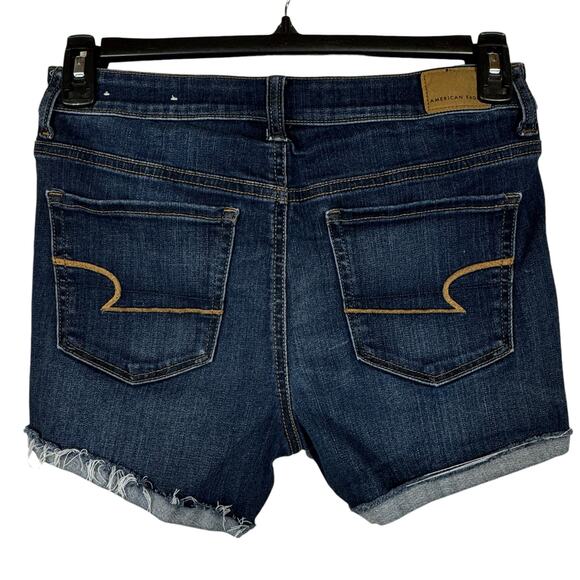 American Eagle SZ 8 Hi-Rise Shortie Jean Shorts Stretch Frayed Hems Whiskered - Picture 3 of 8